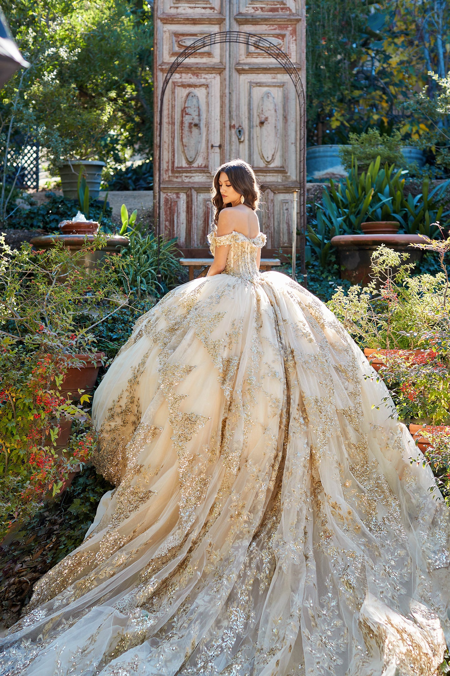 Gold Dazzling Off-The-Shoulder Cathedral Quince Ball Gown with Detachable Train back train view