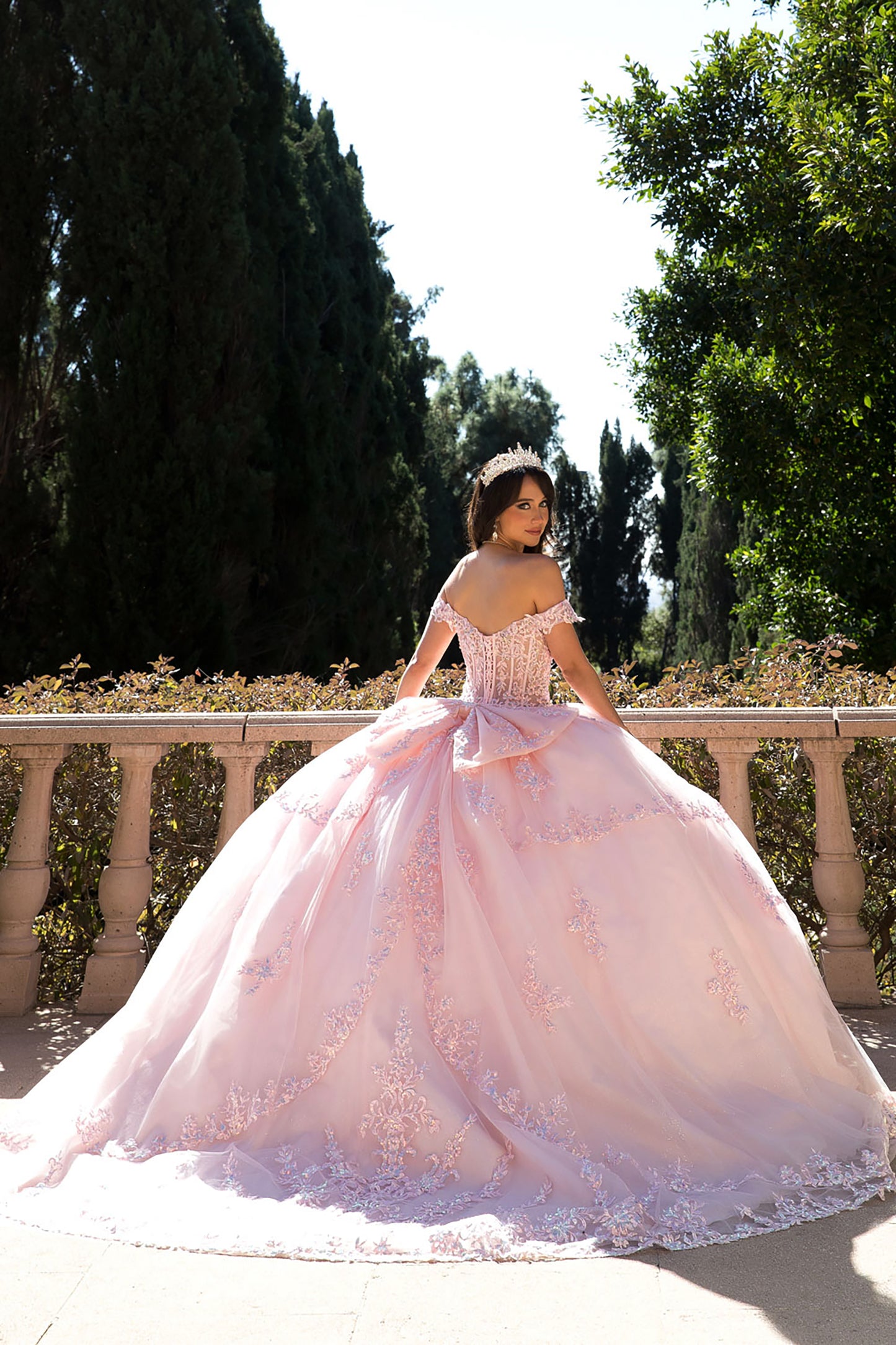 Baby Pink Sparkling Rhinestones Bodice Multi-tiered Illusion Skirt Embroidery Off Shoulder Sweet 15 Ballgown back view