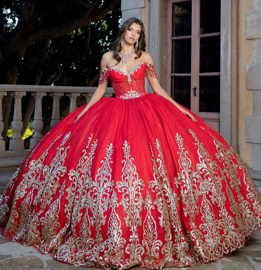 Red Embroidered Bodice Gems, Rhinestones Sweetheart Neckline with Detachable Long Sleeves and Gold Glitter Details Quince Ballgown  front view