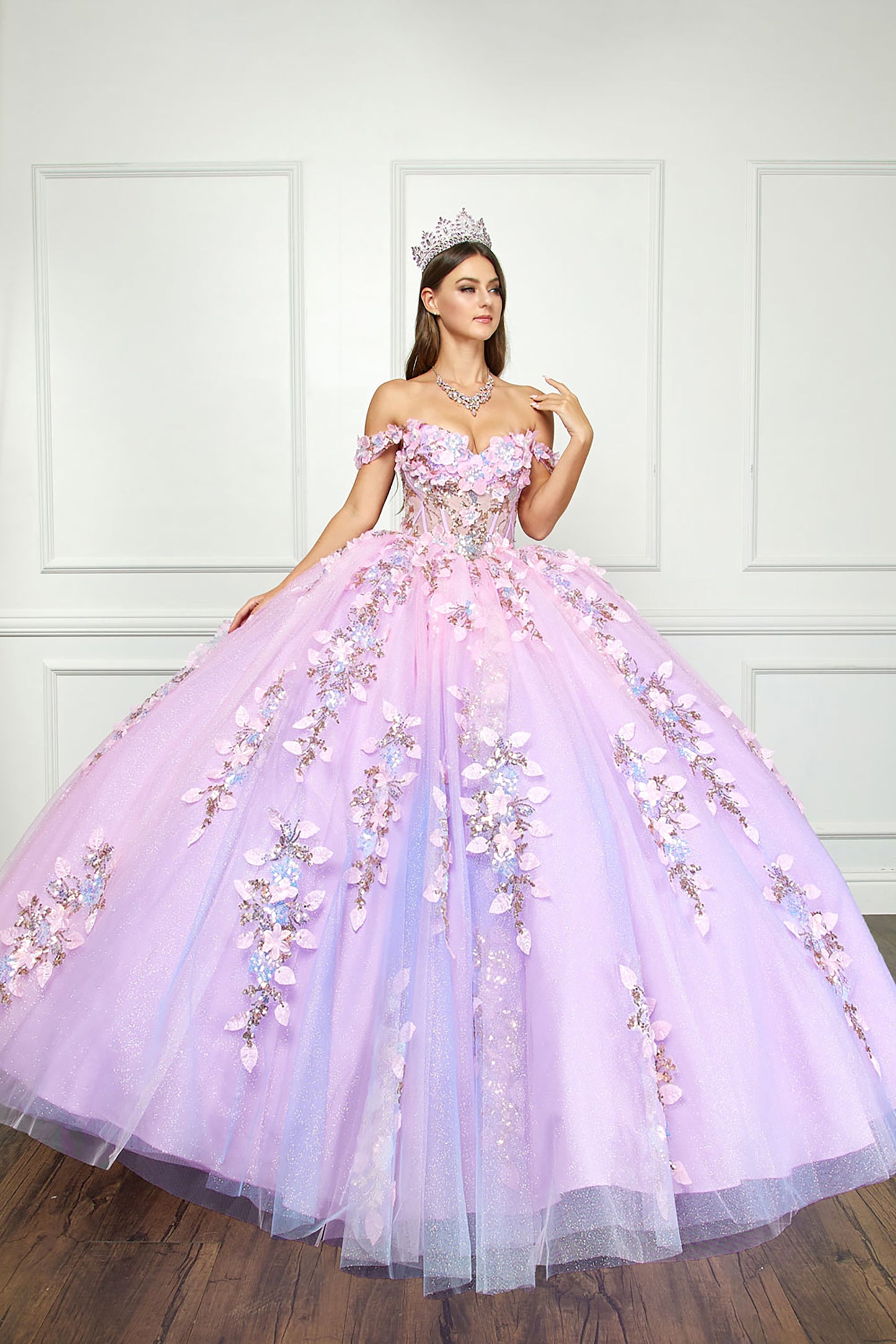 Quinceanera | Lilac Ombre See-through 3D Iridescent Sequin Flower Detail Glitter Tulle Quince Ballgown | Luzia dress front view