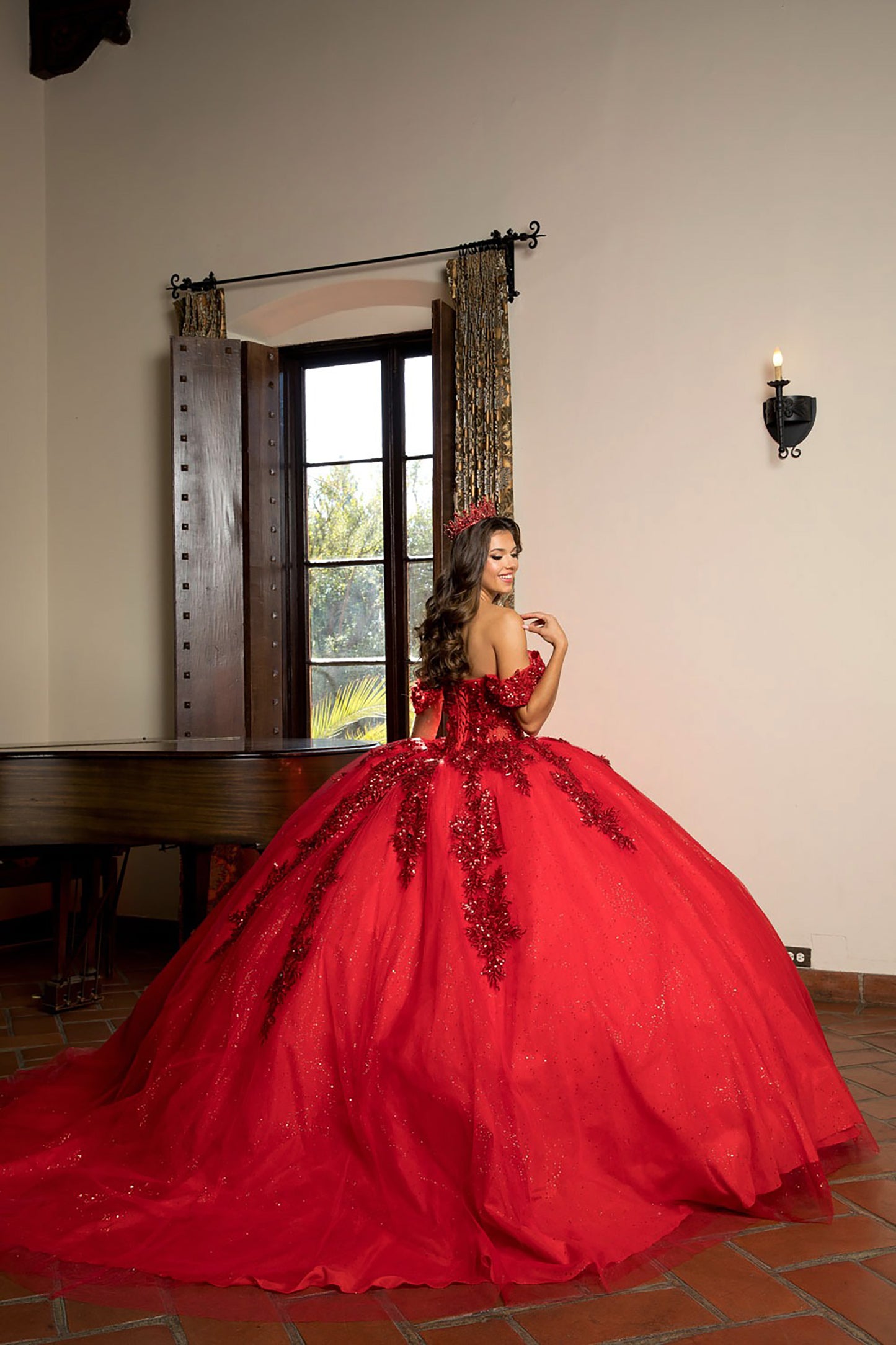 Quinceañera | Red Detachable Sleeve 3D Flowers and Glitter Quince Ballgown | Esperanza dress side view