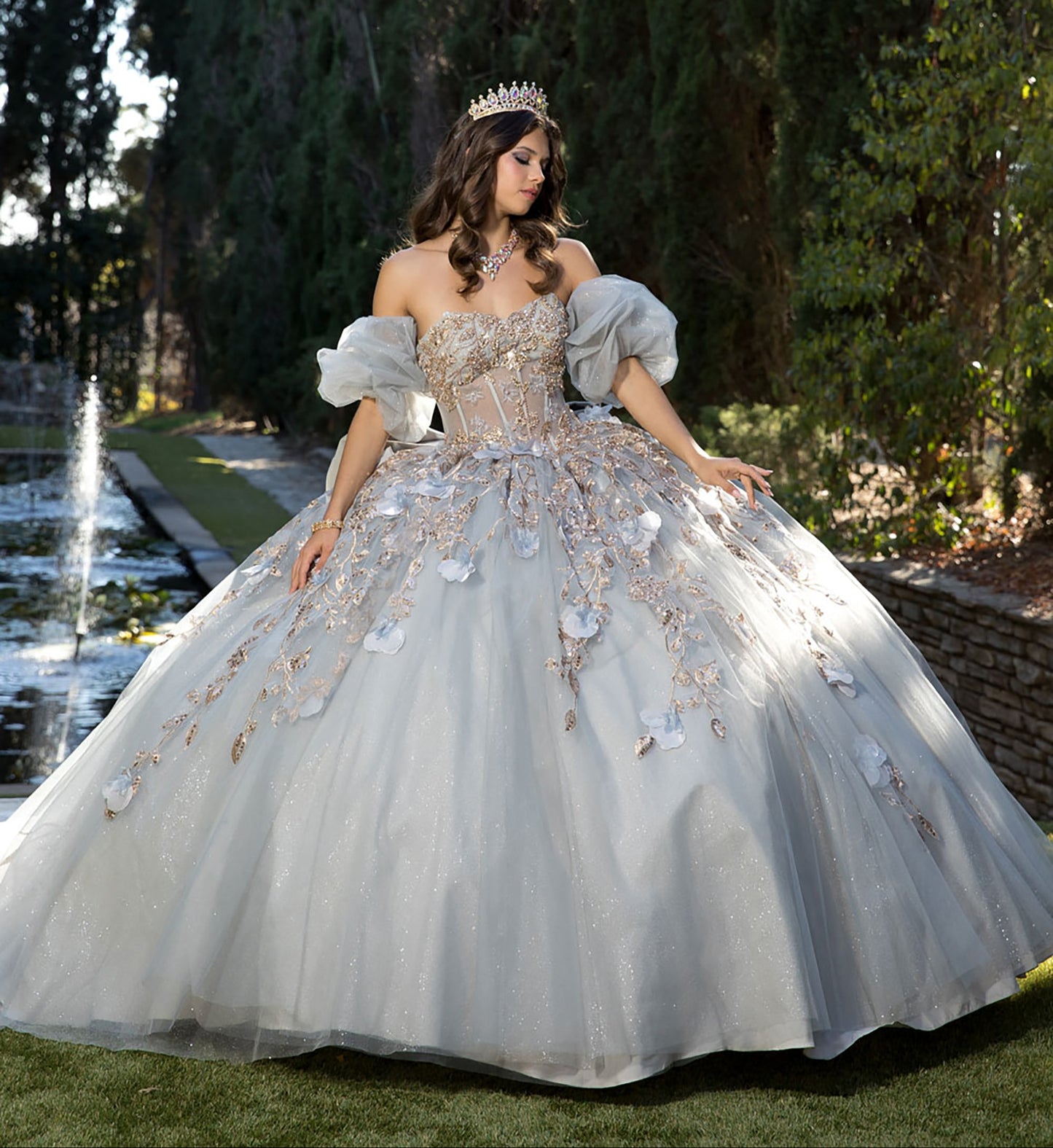Quinceanera | Gray and Gold Ball Gown with Detachable Big Bow | Yaritza dress front with tiara