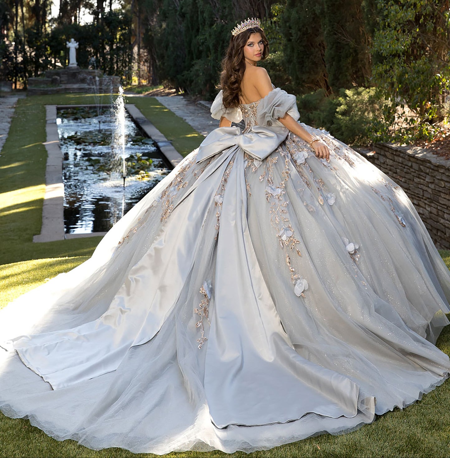 Quinceanera | Gray and Gold Ball Gown with Detachable Big Bow | Yaritza dress whole back view