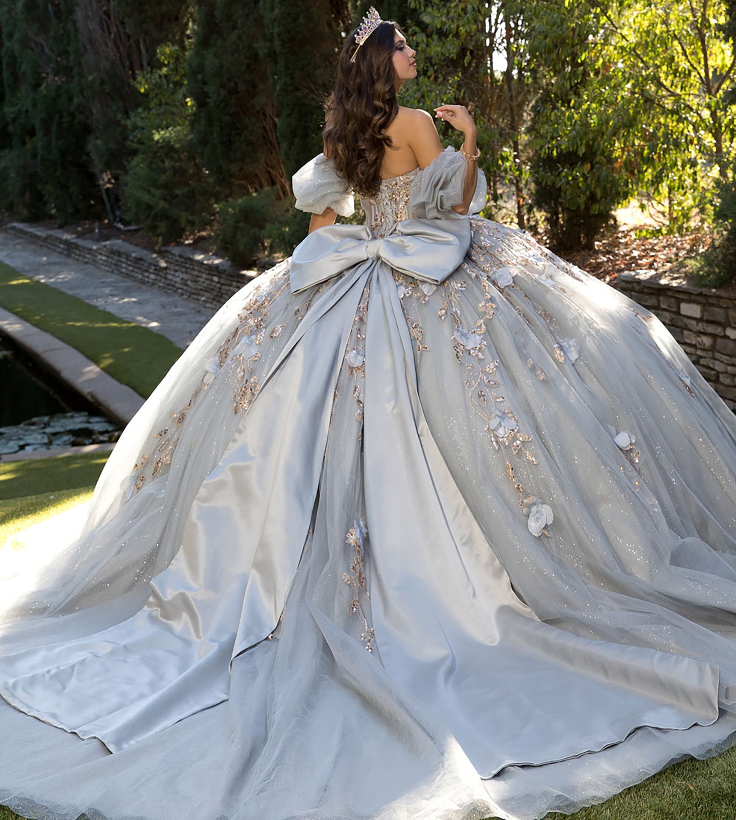 Quinceanera | Gray and Gold Ball Gown with Detachable Big Bow | Yaritza dress back view