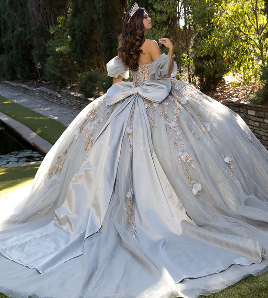 Quinceanera | Gray and Gold Ball Gown with Detachable Big Bow | Yaritza dress  back view