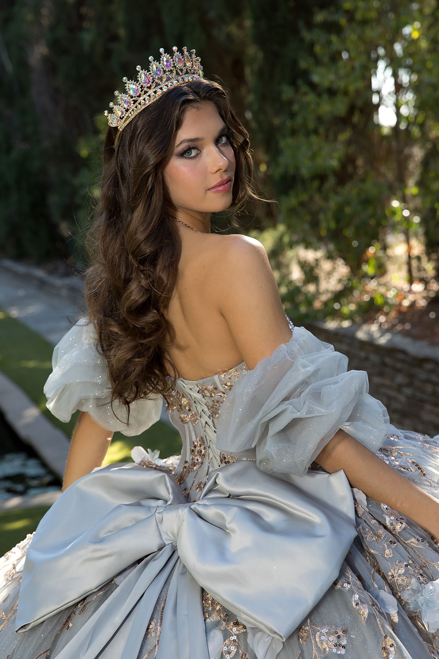 Quinceanera | Gray and Gold Ball Gown with Detachable Big Bow | Yaritza dress back zoom