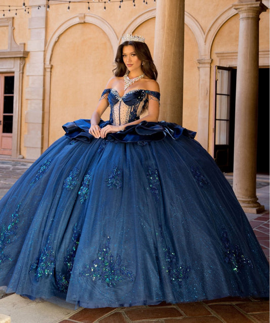 Quinceanera | Navy Iridescent Off-Shoulder Long Train Gown with Glitter Tulle | Aleida dress