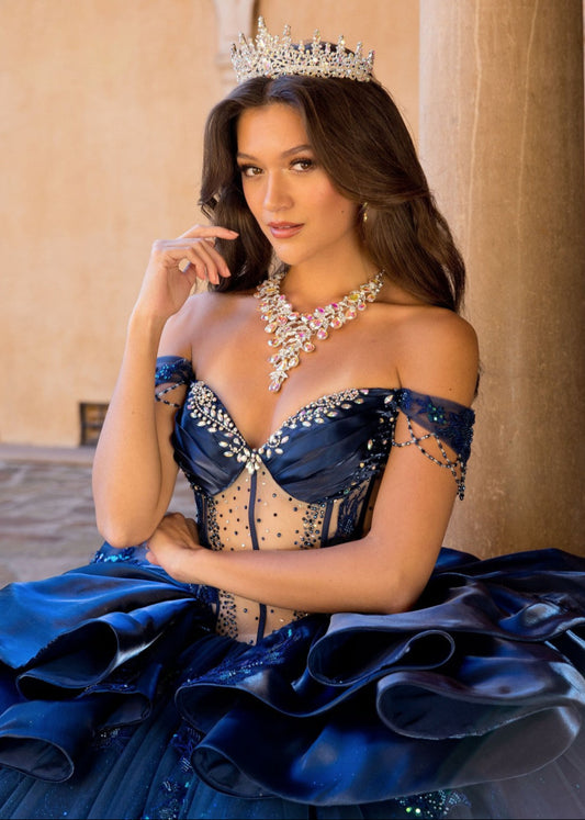 Quinceanera | Navy Iridescent Off-Shoulder Long Train Gown with Glitter Tulle | Aleida dress front zoom