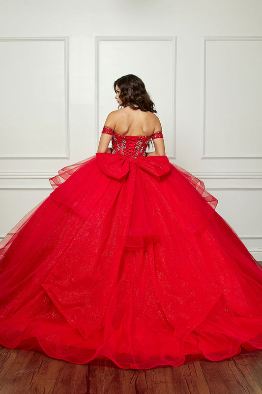 Red Quinceañera | Glittering Tulle Layers, Off-shoulder Bodice adornments, and a detachable bow | 3 Colors Available - back view of woman wearing dress