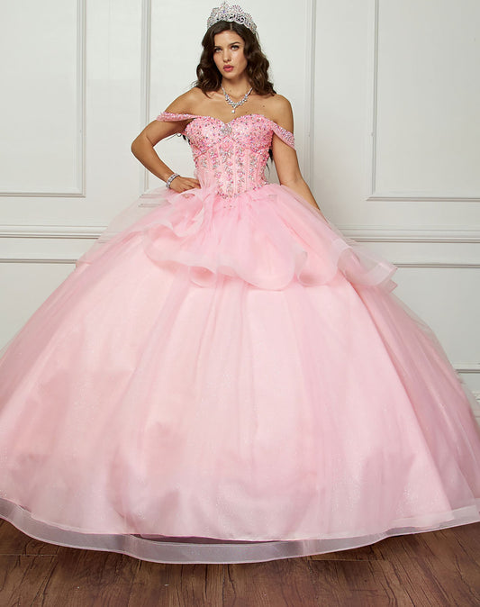 Quinceañera | Pink Glittering Tulle Layers, Off-shoulder Bodice adornments, and a detachable bow | 3 Colors Available | Andrea dress front view