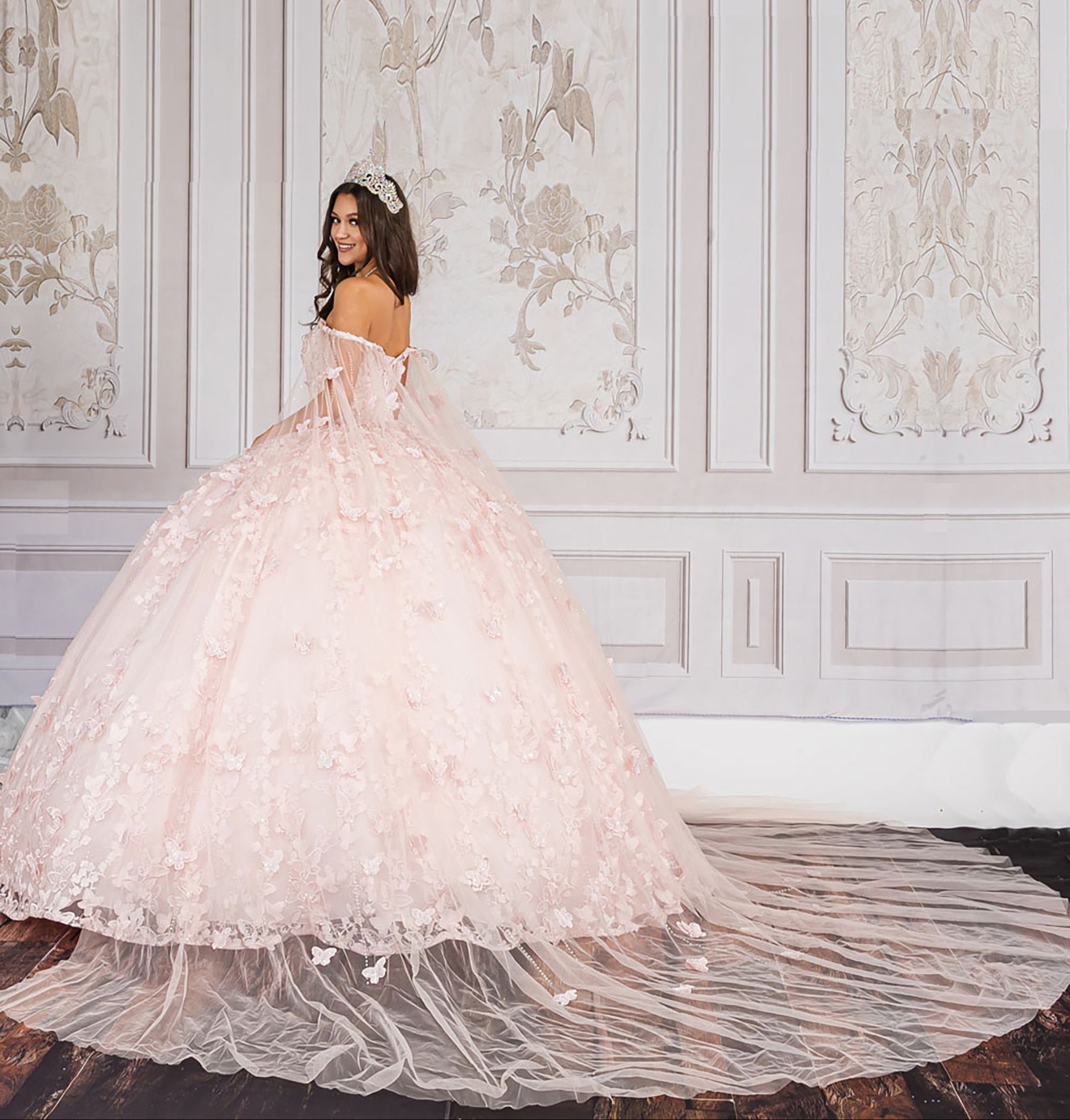 Quinceanera | Blush 3D Butterfly Glitter Quince dress with Stunning Cape | Aida dress | 2 Colors Available back