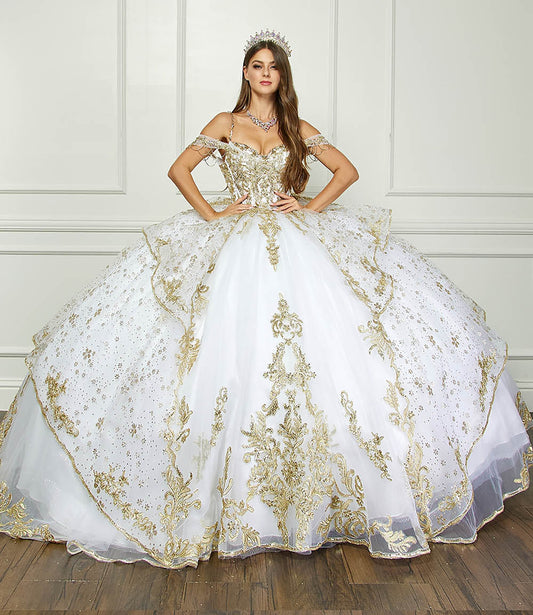 Ivory/Gold Off Shoulder Epaulets Sleeve with Detachable Cathedral Tulle Train Quince Ball Gown - front view of woman wearing dress with both hands on hips