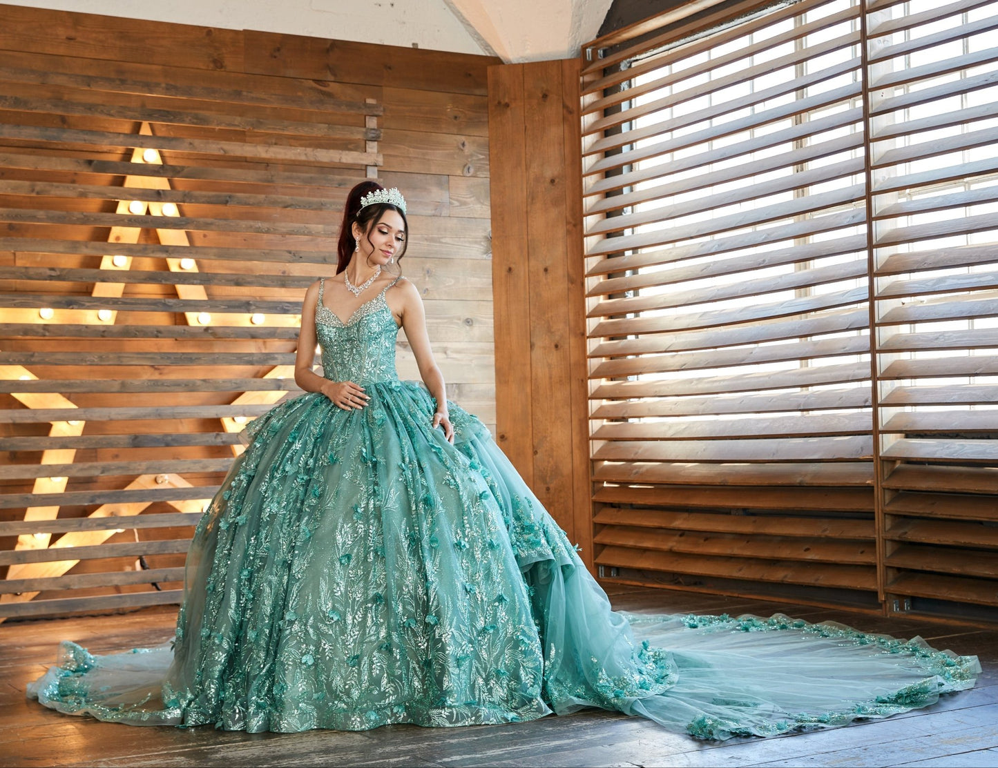 Quinceanera | Sage V-Neck Glitter Dress with Crystal Trim Sweet 15 Ball Gown | Adelina dress