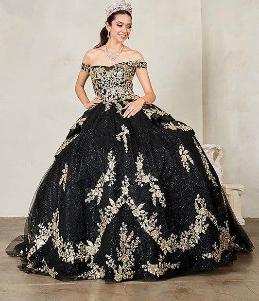 Quinceanera | Black Off-Shoulder Beaded Embroidered Quince Gown with Glitter Layered Skirt and Ruffle Satin Train | Severina dress