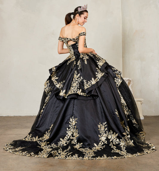 Quinceanera | Black Off-Shoulder Beaded Embroidered Quince Gown with Glitter Layered Skirt and Ruffle Satin Train | Severina dress back view