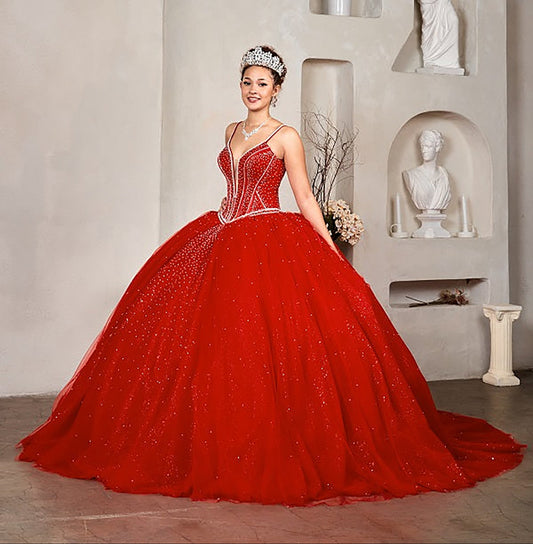 Quinceanera | Red Corseted Crystal Beaded Gown with V-Neckline and Glitter Tulle Skirt | Tabora dress | 3 Colors Available