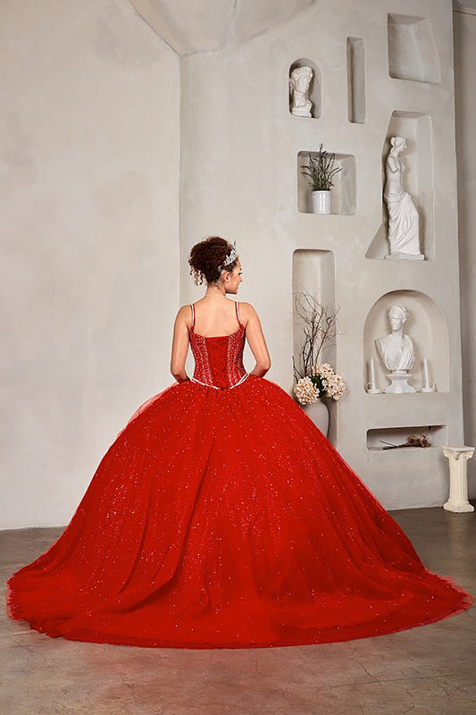 Quinceanera | Red Corseted Crystal Beaded Gown with V-Neckline and Glitter Tulle Skirt | Tabora dress | 3 Colors Available back