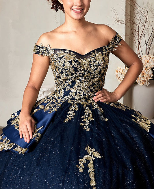 Quinceanera | Navy Off-Shoulder Beaded Glitter Layered Skirt and Ruffle Satin Train Quince Gown | Severina dress top zoom