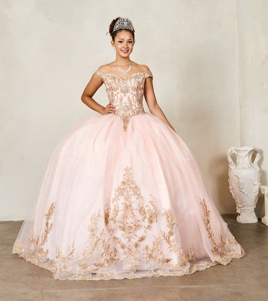 Quinceanera | Blush Embroidered Lace Appliqué Off-Shoulder A-Line Gown with Glitter Tulle Overlay Sweet 15 Ball Gown | Sol dress | 4 Colors Available