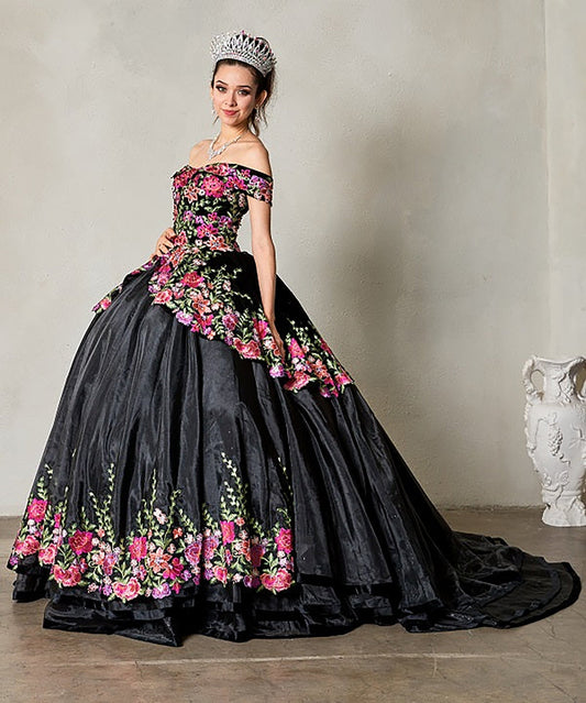 Quinceanera | Black Velvet Charra Dress with Off-Shoulder Floral Embroidered Bodice | Ventura dress side view