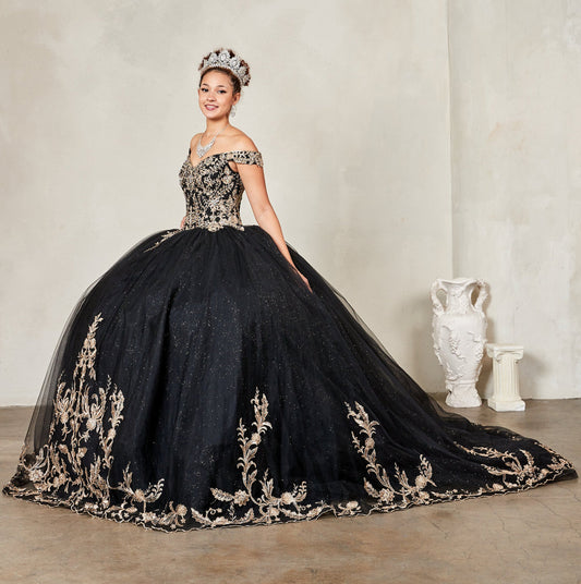 Quinceanera | Black Embroidered Lace Appliqué Off-Shoulder A-Line Gown with Glitter Tulle Overlay Sweet 15 Ball Gown | Sol dress | 4 Colors Available