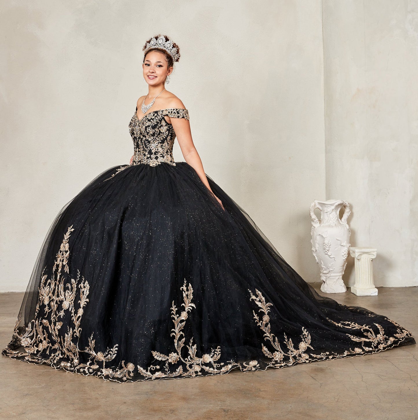Quinceanera | Black Embroidered Lace Appliqué Off-Shoulder A-Line Gown with Glitter Tulle Overlay Sweet 15 Ball Gown | Sol dress | 4 Colors Available