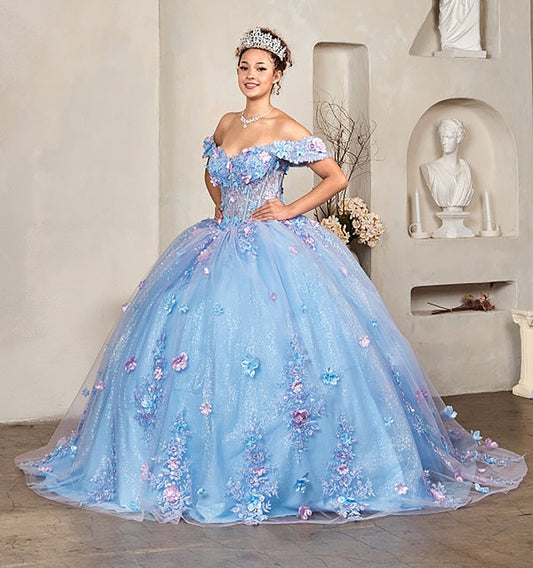 Quinceanera | Blue Lilac Two-Tone Quince Gown with Off-Shoulder Illusion Sweetheart Corset Bodice | Silvia dress