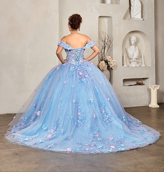 Quinceanera | Blue Lilac Two-Tone Quince Gown with Off-Shoulder Illusion Sweetheart Corset Bodice | Silvia dress back view