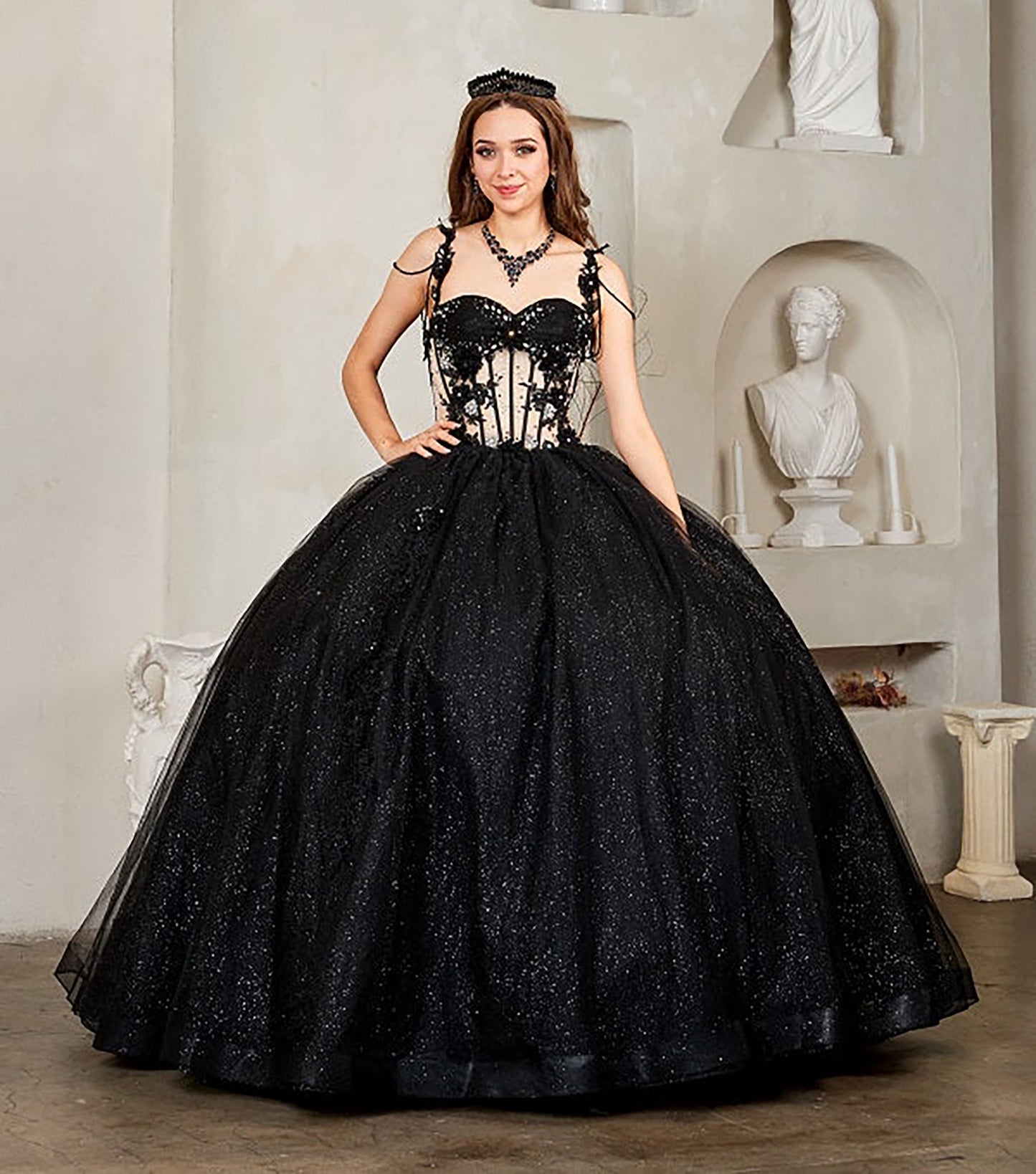 Quinceanera | Black Sheer Bodice and 3D Floral Embroidery | Tia dress | 3 Colors Available