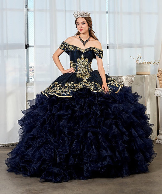 Quinceanera | Navy Strapless Ruffle Charra Dress with Beaded Embroidered Bodice | Vela dress | 4 Colors Available