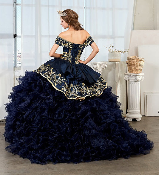Quinceanera | Navy Strapless Ruffle Charra Dress with Beaded Embroidered Bodice | Vela dress | 4 Colors Available back view