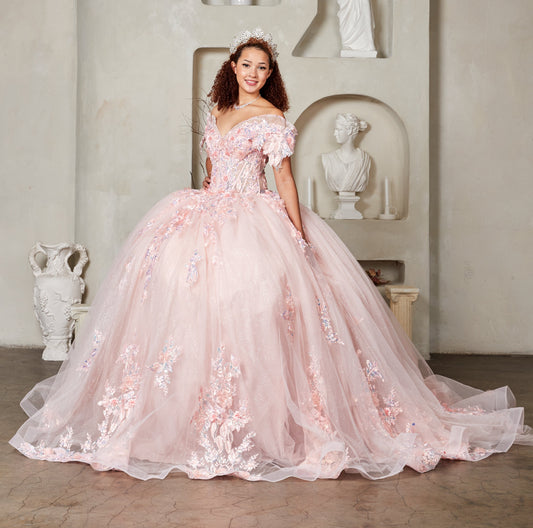 Quinceanera | Blush Crystal Beaded Embroidered Bodice and 3D Floral Appliqués Quince Ballgown | Santana dress