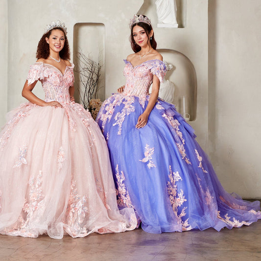 Quinceanera | Blush Crystal Beaded Embroidered Bodice and 3D Floral Appliqués Quince Ballgown | Santana dress with lilac dress