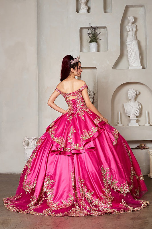 Quinceanera | Fuchsia Off-Shoulder Beaded Embroidered Quince Gown with Glitter Layered Skirt and Ruffle Satin Train | Santana dress back view