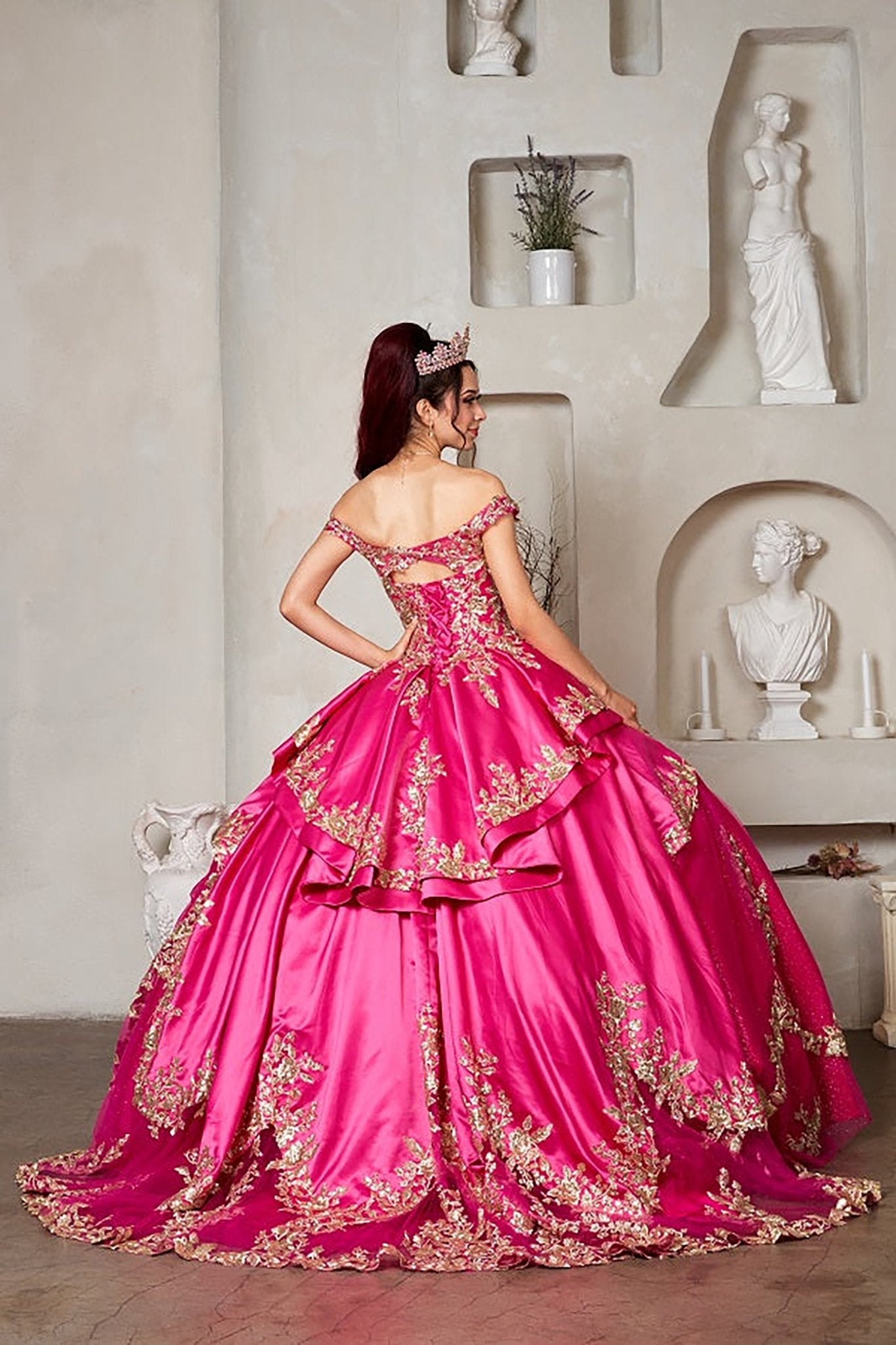 Quinceanera | Fuchsia Off-Shoulder Beaded Embroidered Quince Gown with Glitter Layered Skirt and Ruffle Satin Train | Santana dress back view