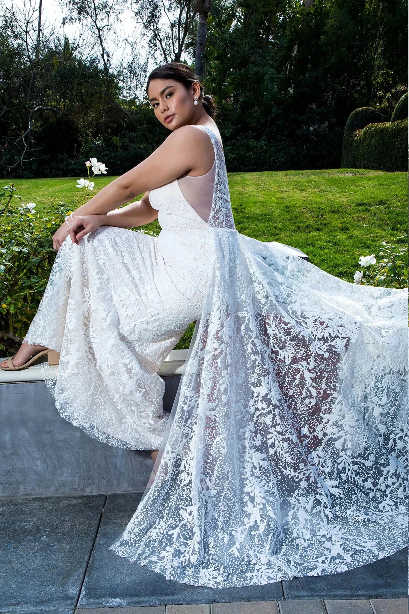 Ivory Glitter Mermaid Wedding Dress Illusion V - Neck