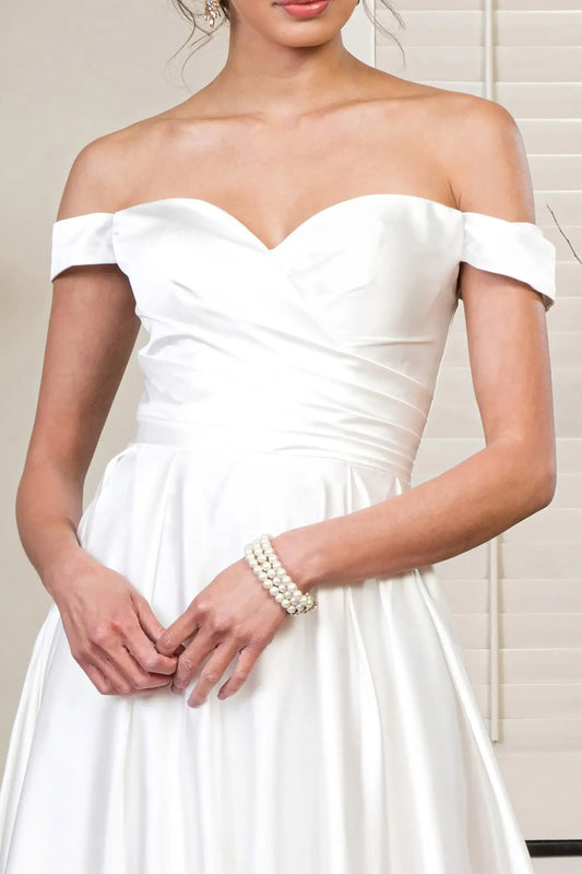 Front close-up upper view focusing on the structured sweetheart bodice, delicate off-shoulder draping, and smooth ivory satin texture.