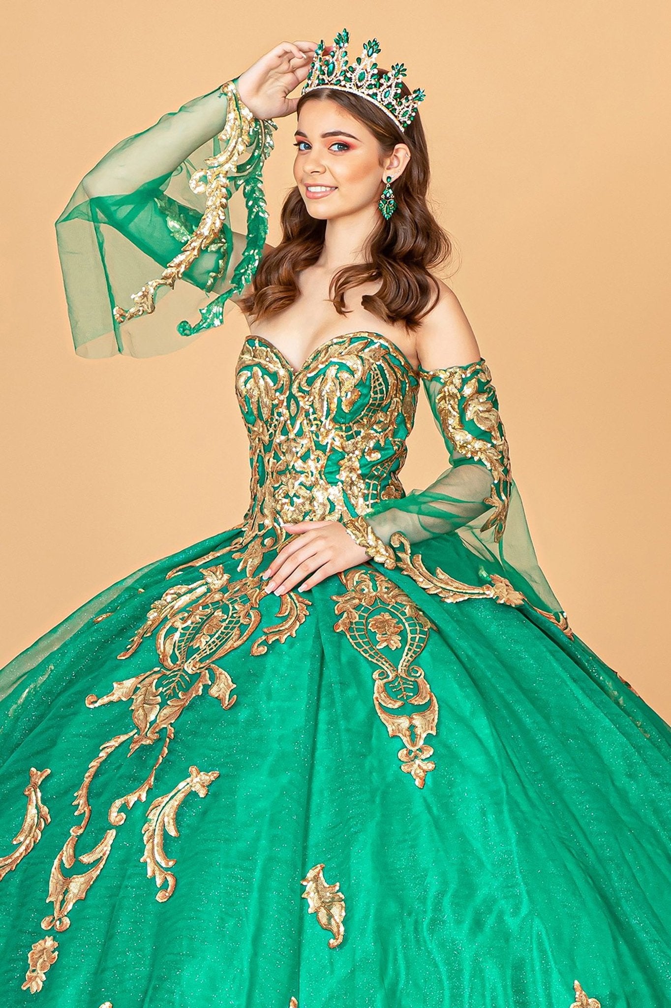 Quinceañera | Emerald Green Sequin Embellished Glitter Mesh Sweet 15 Ball Gown with Detached Mesh Sleeves | Plus Size Available | Nina dress | 4 Colors Available front zoom