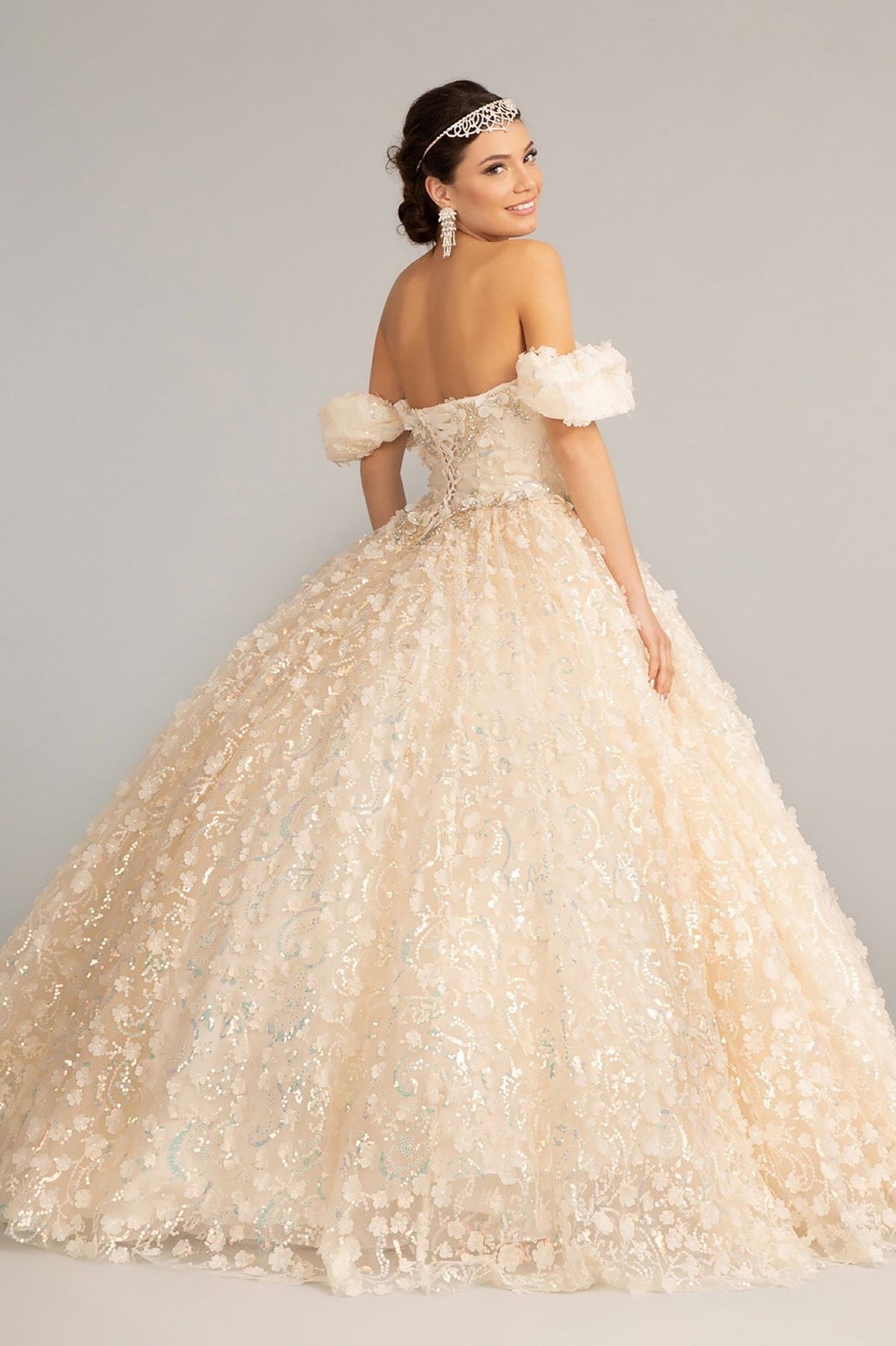 Rear view reveals champagne quinceañera dress with 3D appliques, jewel embellishments and mesh skirt.