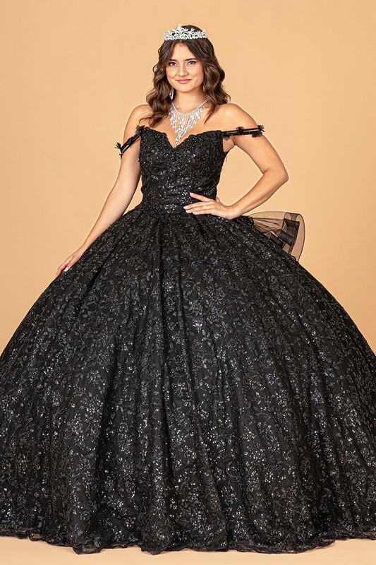 Front View of Black Mesh Quince Ball Gown Featuring Detachable Sleeves and Ruffled Ribbon Train