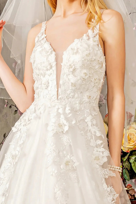 Front close-up upper view highlighting the intricate floral embroidered bodice, detailed with shimmering embellishments that catch the light across the sweetheart curve.