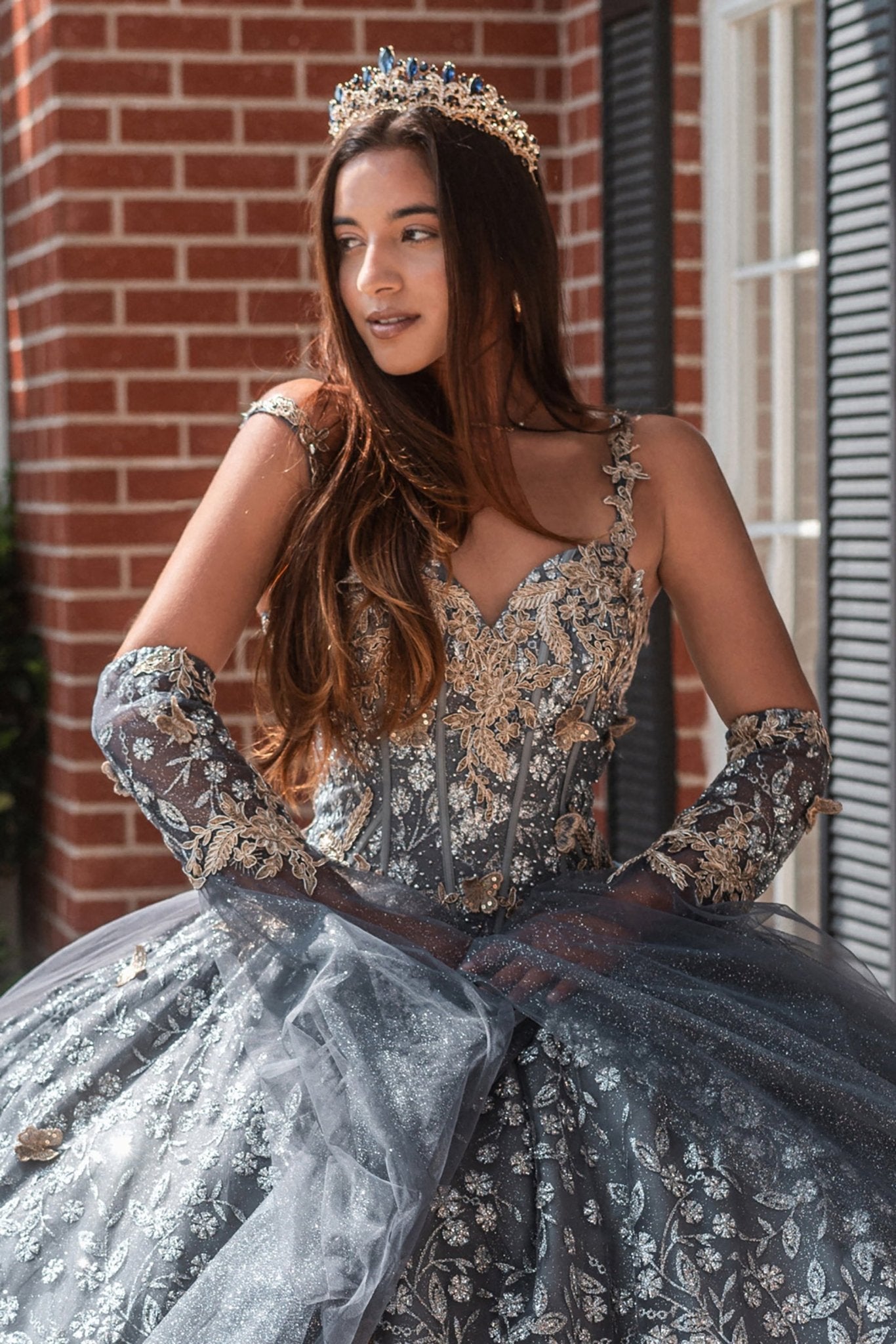 Silver Gray Quinceañera Dress with Metallic Butterfly and Ribbon Bow L / Silver