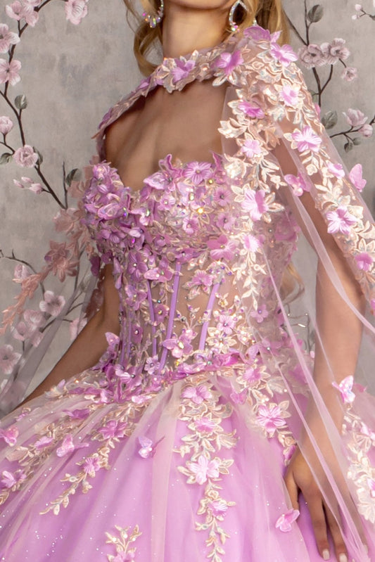 Close-Up of Lilac Strapless Sweetheart Ball Gown with Sheer Bodice and Flowing Side Mesh Drapes