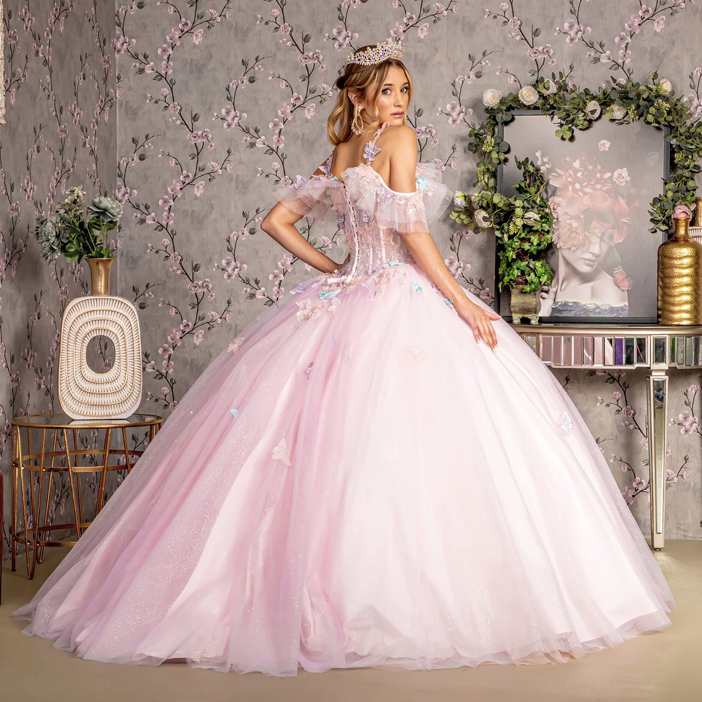 Back View of Pink Sweetheart Mesh Ball Gown with 3D Butterfly Jewels and Glitter Details