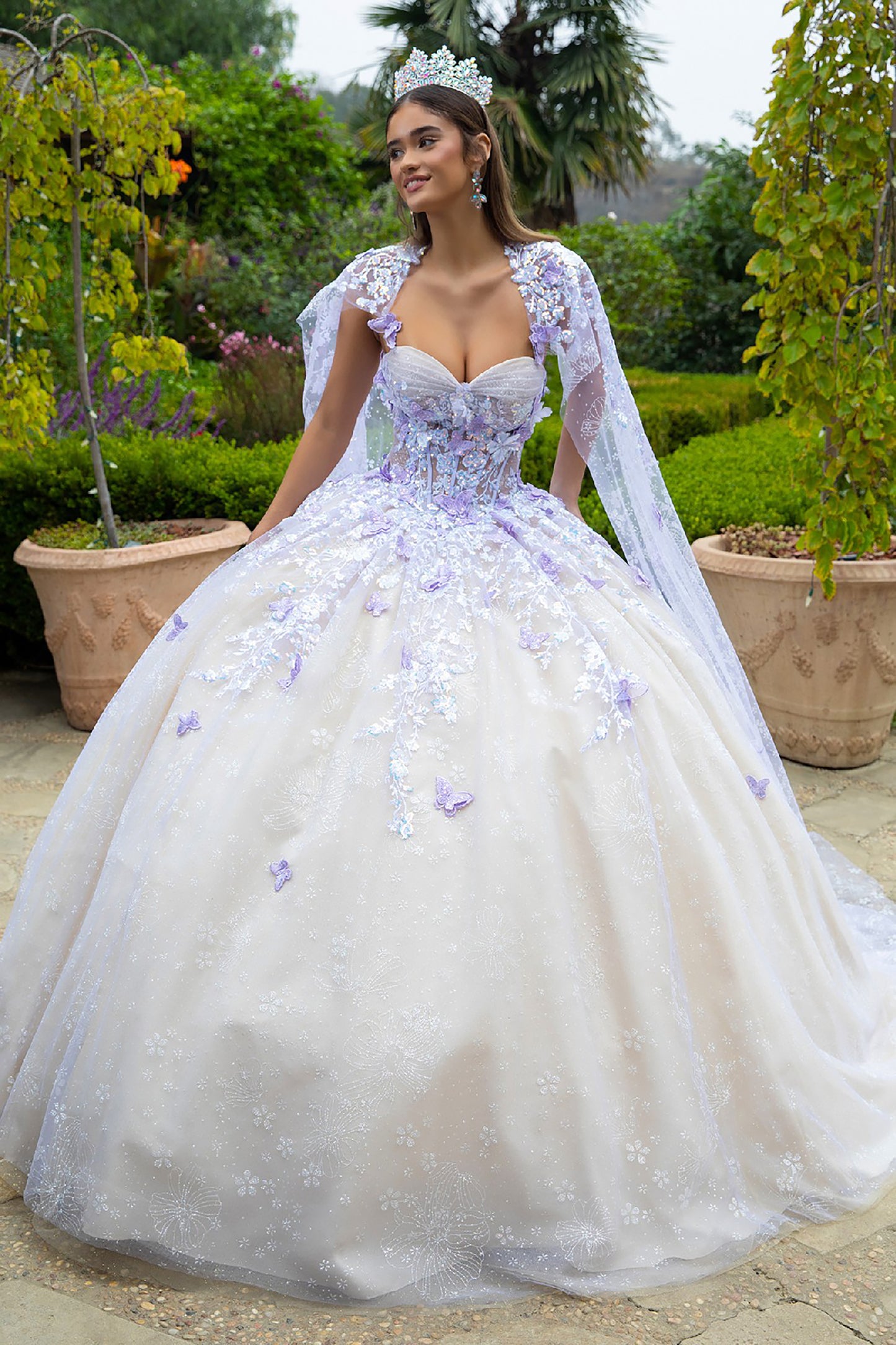 Champagne Lilac Floral Glitter Pattern 3D Butterfly Applique Mesh Quince ballgown w/ Detachable Cape front view