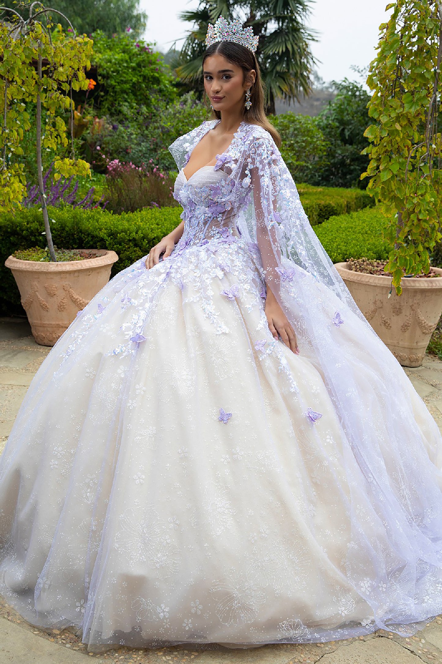 Champagne Lilac Floral Glitter Pattern 3D Butterfly Applique Mesh Quince ballgown w/ Detachable Cape side view with tiara