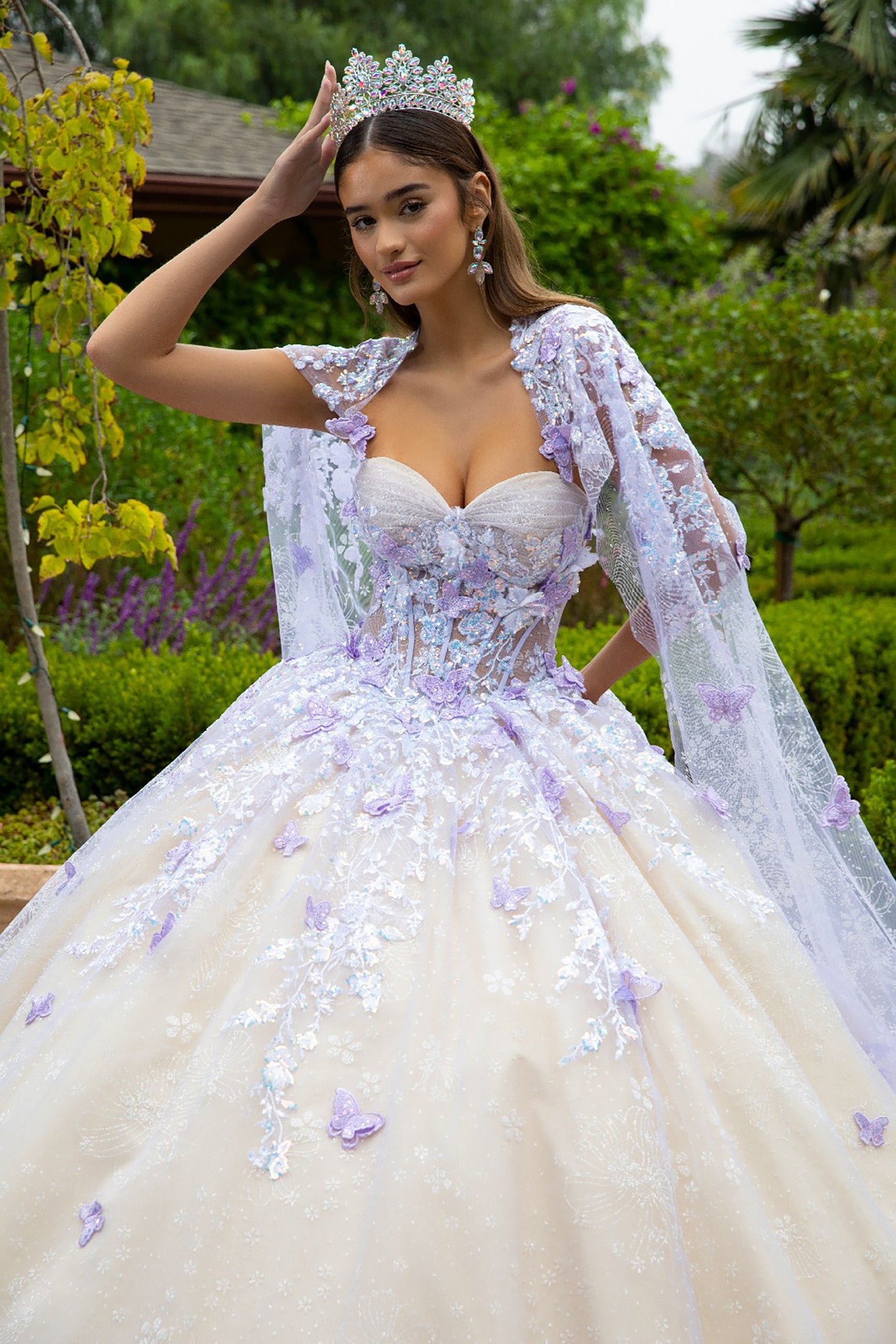 Champagne Lilac Floral Glitter Pattern 3D Butterfly Applique Mesh Quince ballgown w/ Detachable Cape front zoom