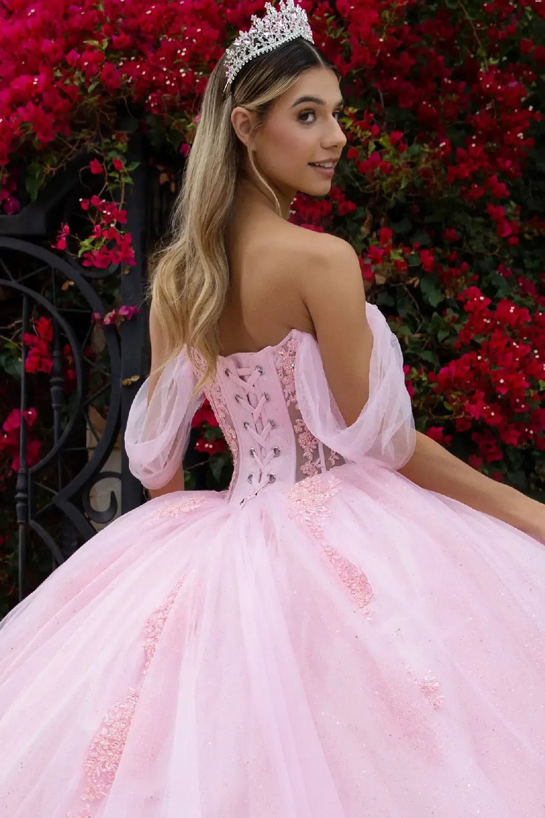 Quinceañera | Baby Pink Sweetheart Ball Gown with Sheer Bodice and Lace Embellished Glitter Mesh Skirt | Citlali dress back zoom