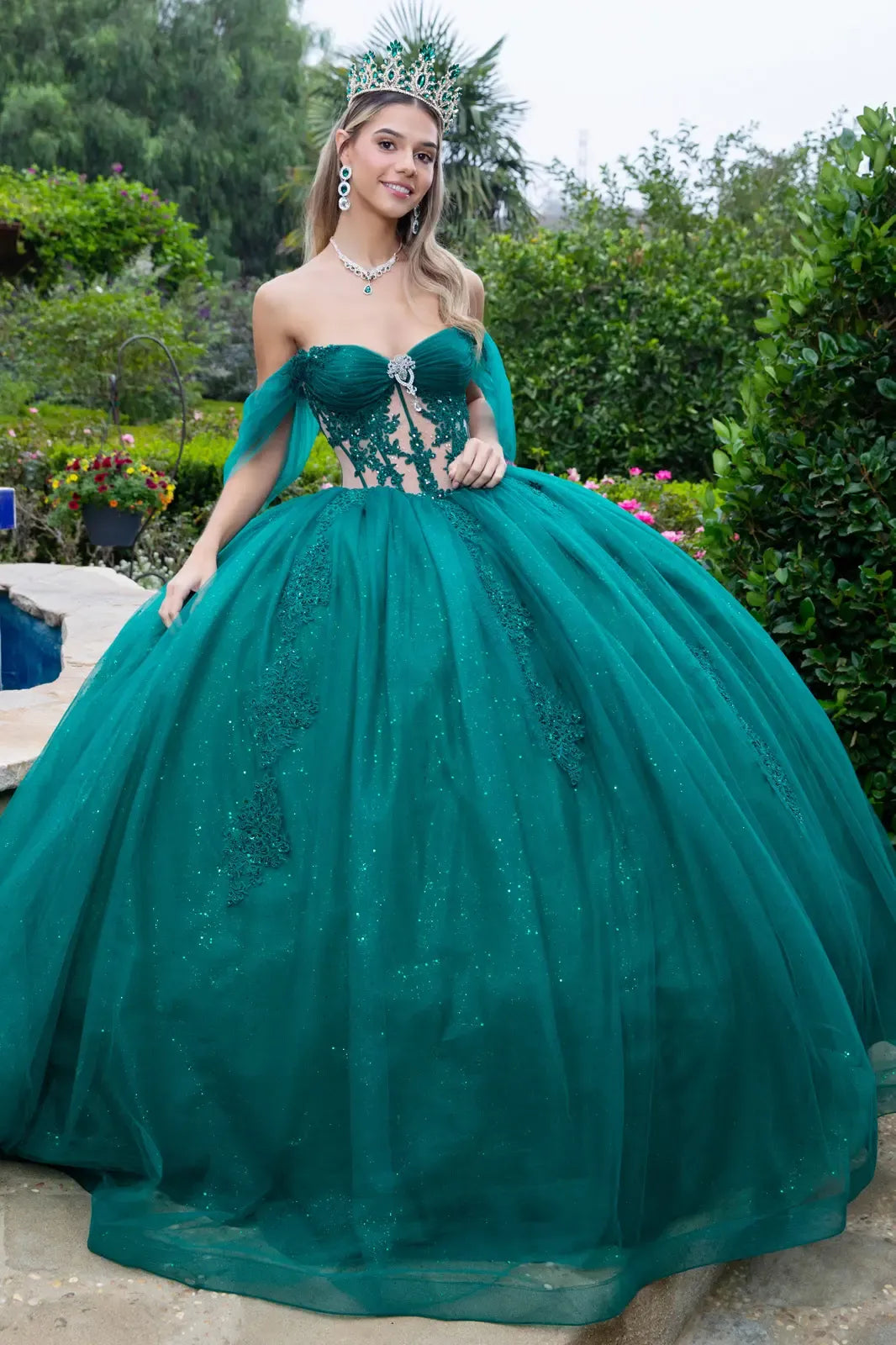 Quinceañera | Hunter Green Sweetheart Ball Gown with Sheer Bodice and Lace Embellished Glitter Mesh Skirt | Citlali dress