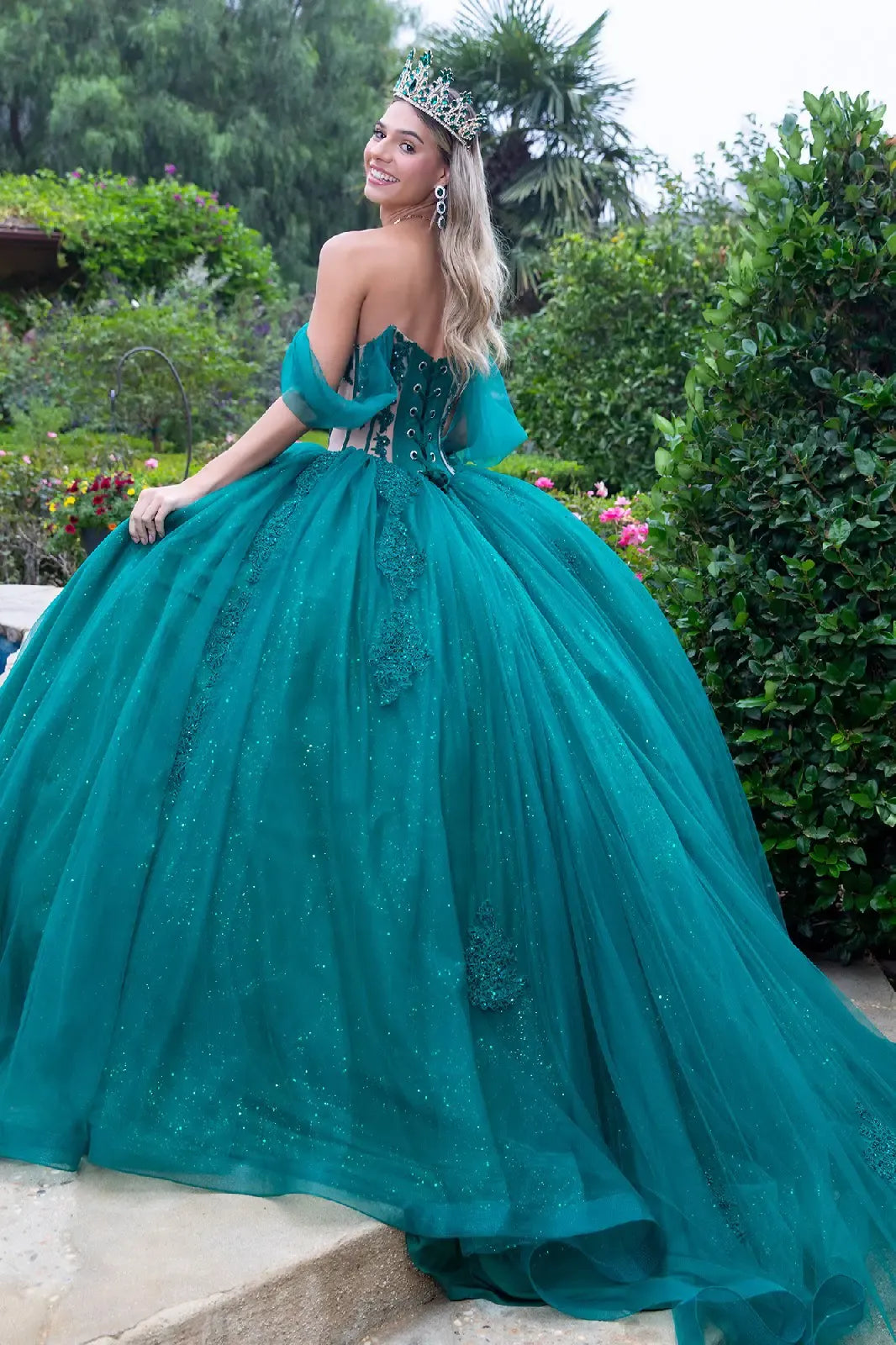 Quinceañera | Hunter Green Sweetheart Ball Gown with Sheer Bodice and Lace Embellished Glitter Mesh Skirt | Citlali dress back view
